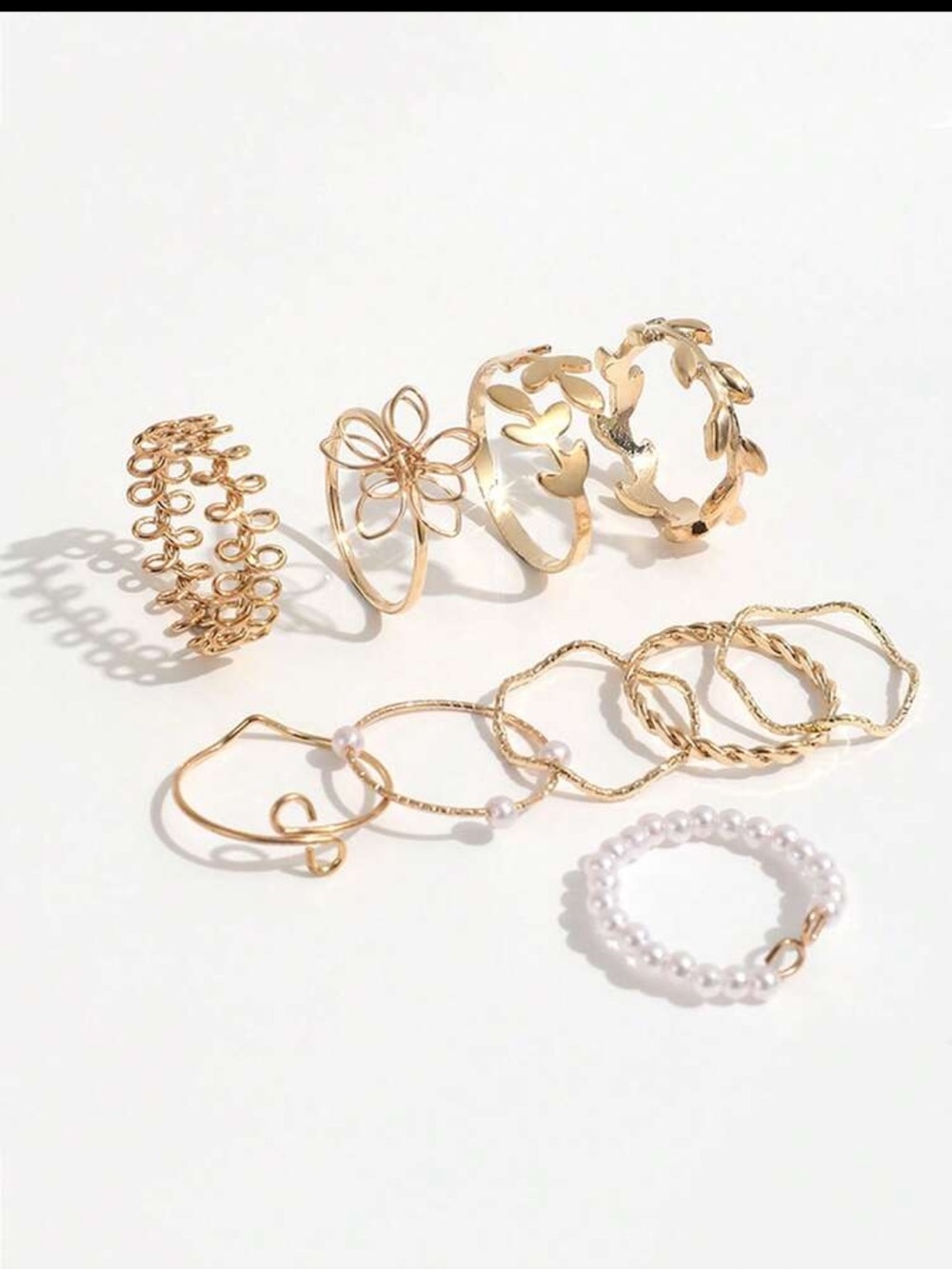 Bohemian Yellow Gold Floral Pearl Ring stack Set viral 🍁 leaf Jewelry 10pc lot - Picture 3 of 4